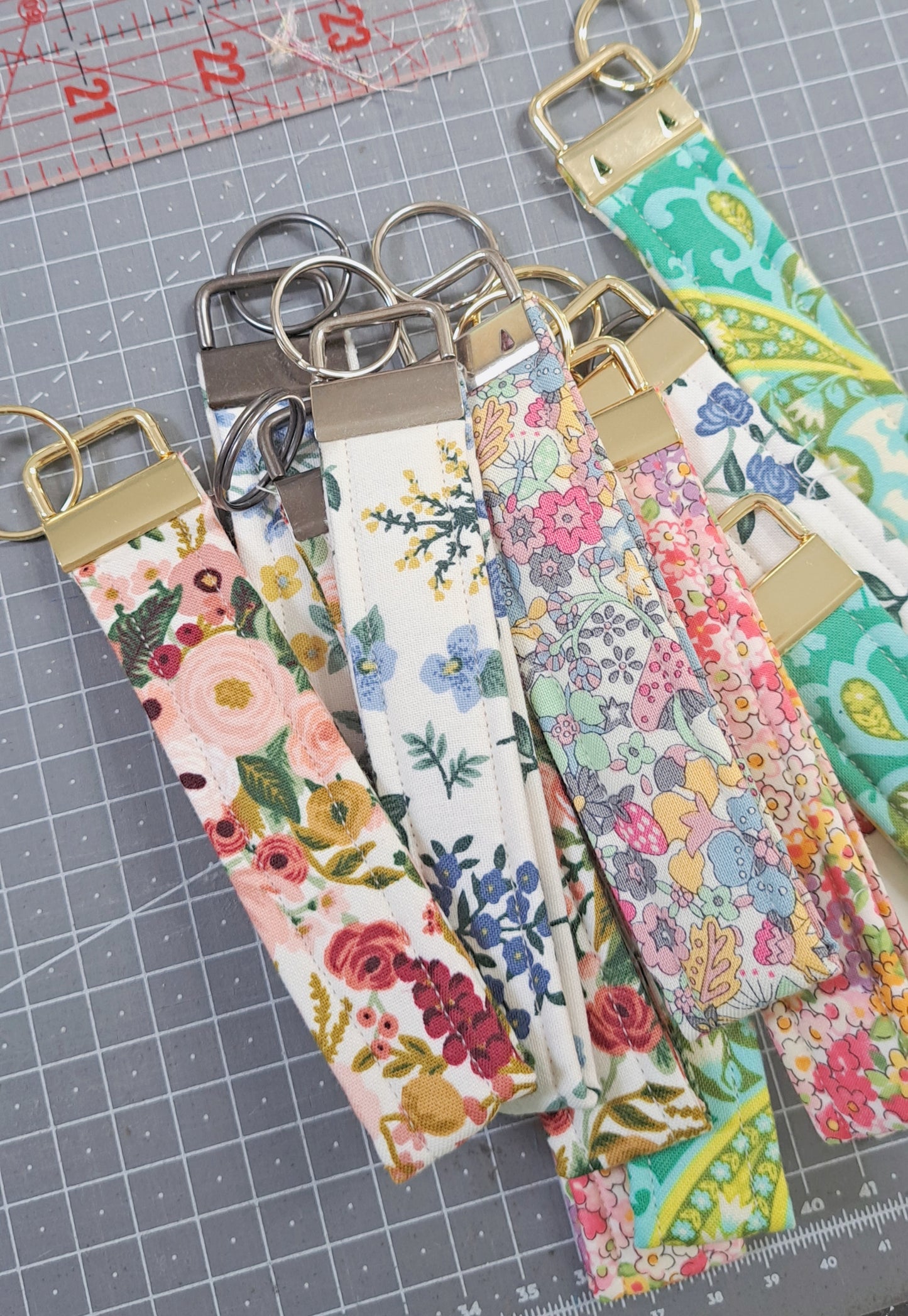 Pink Flamingo Brass Metal Fabric Key Fob