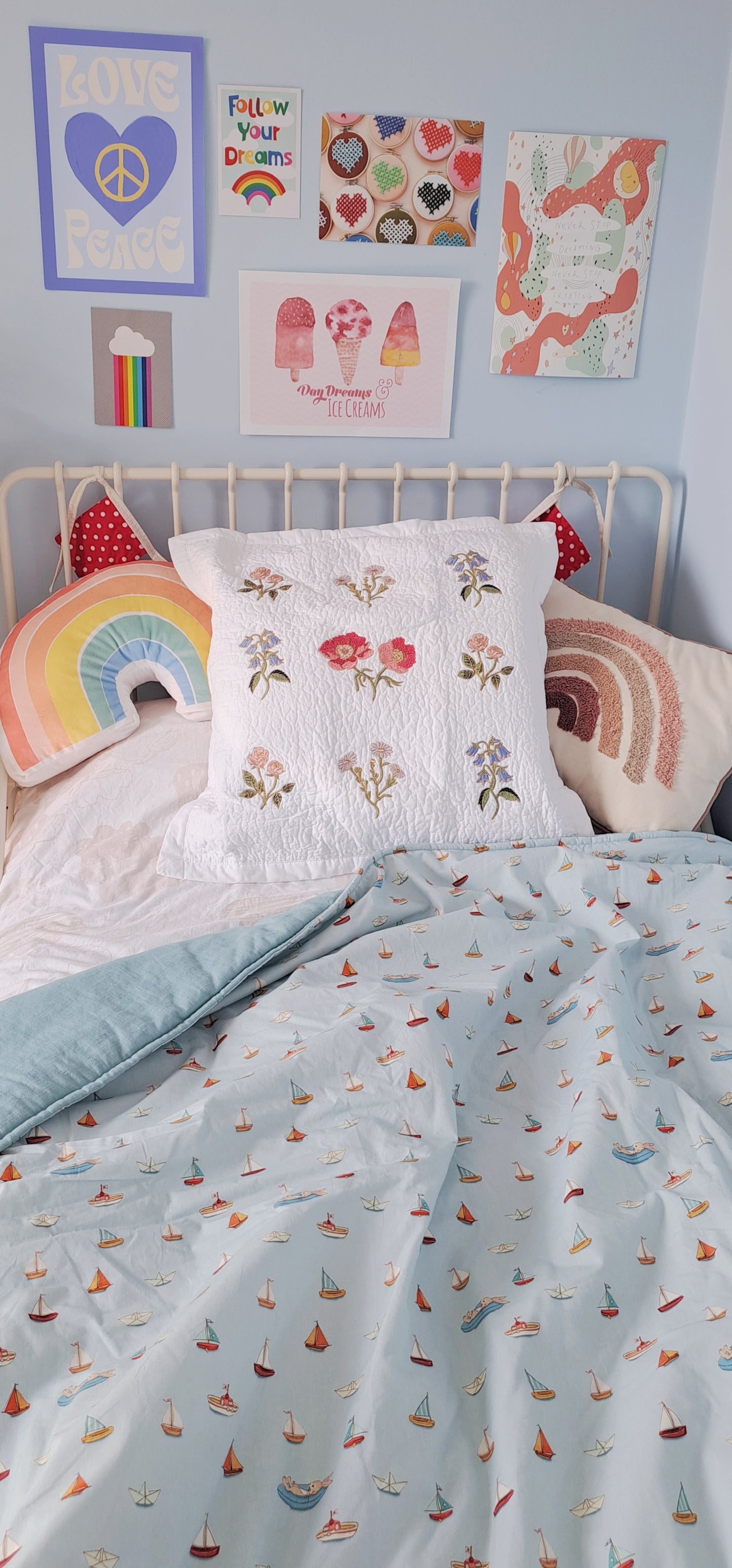 Squishy Belle and Boo Bunny in a boat and blue linen Fabric Quilt