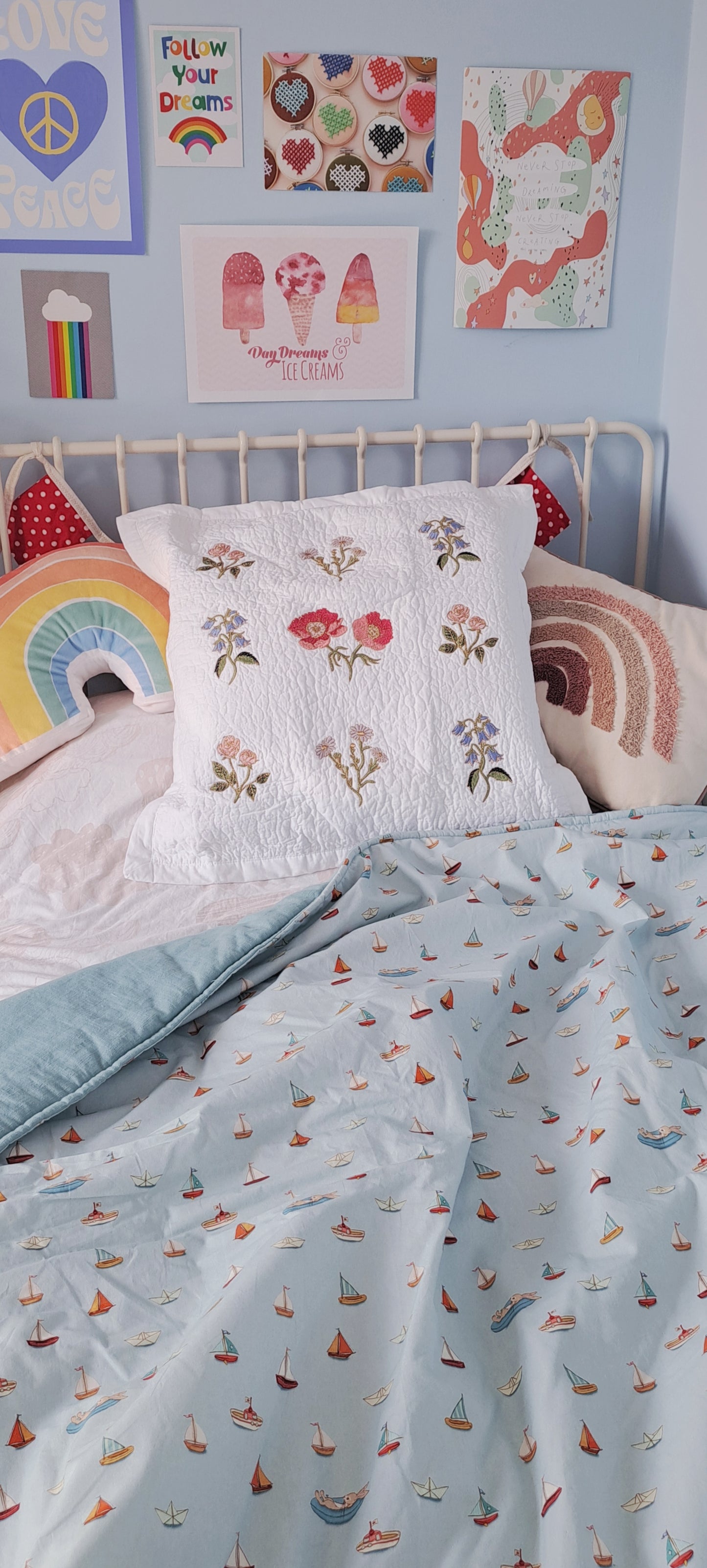 Squishy Belle and Boo Bunny in a boat and blue linen Fabric Quilt