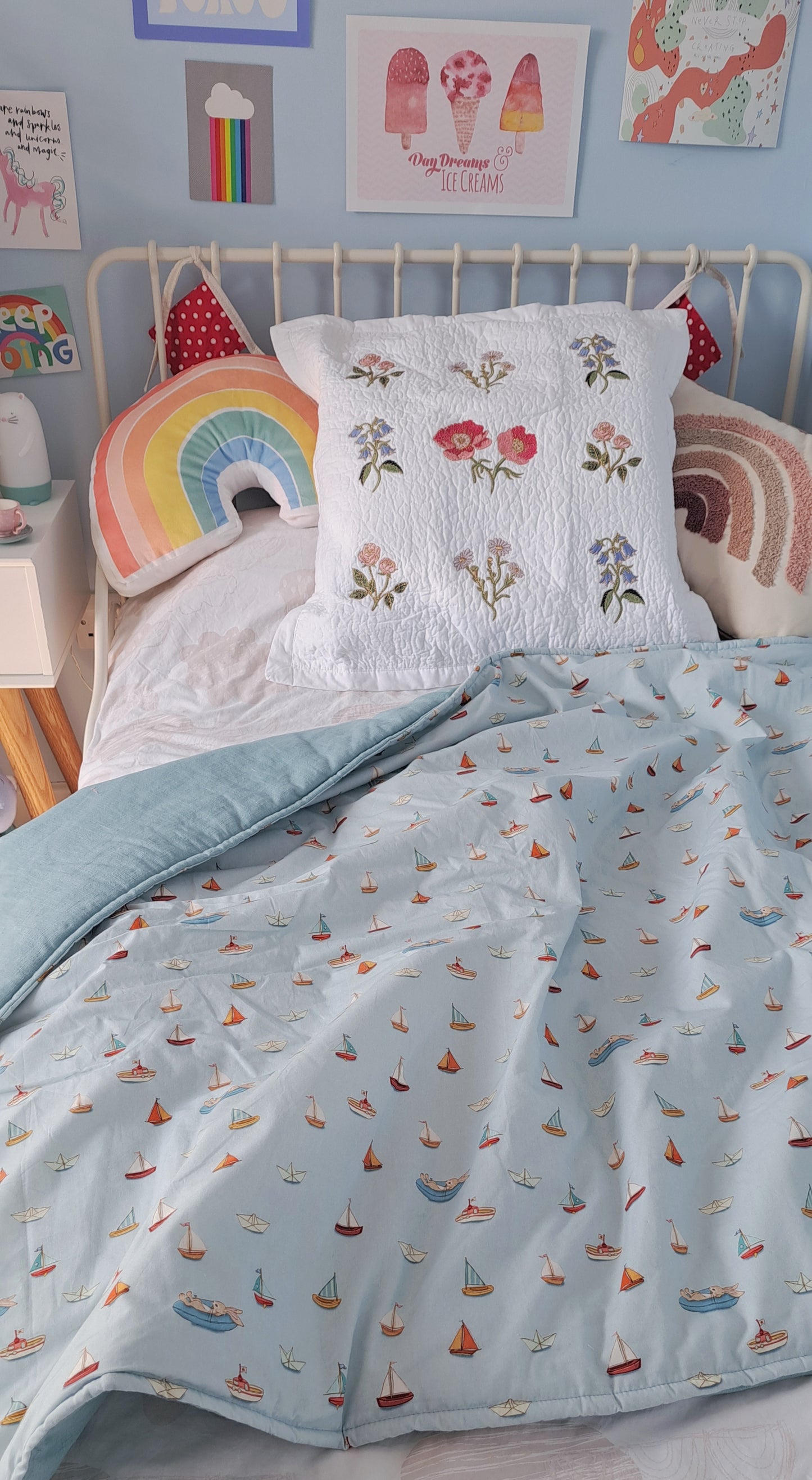 Squishy Belle and Boo Bunny in a boat and blue linen Fabric Quilt