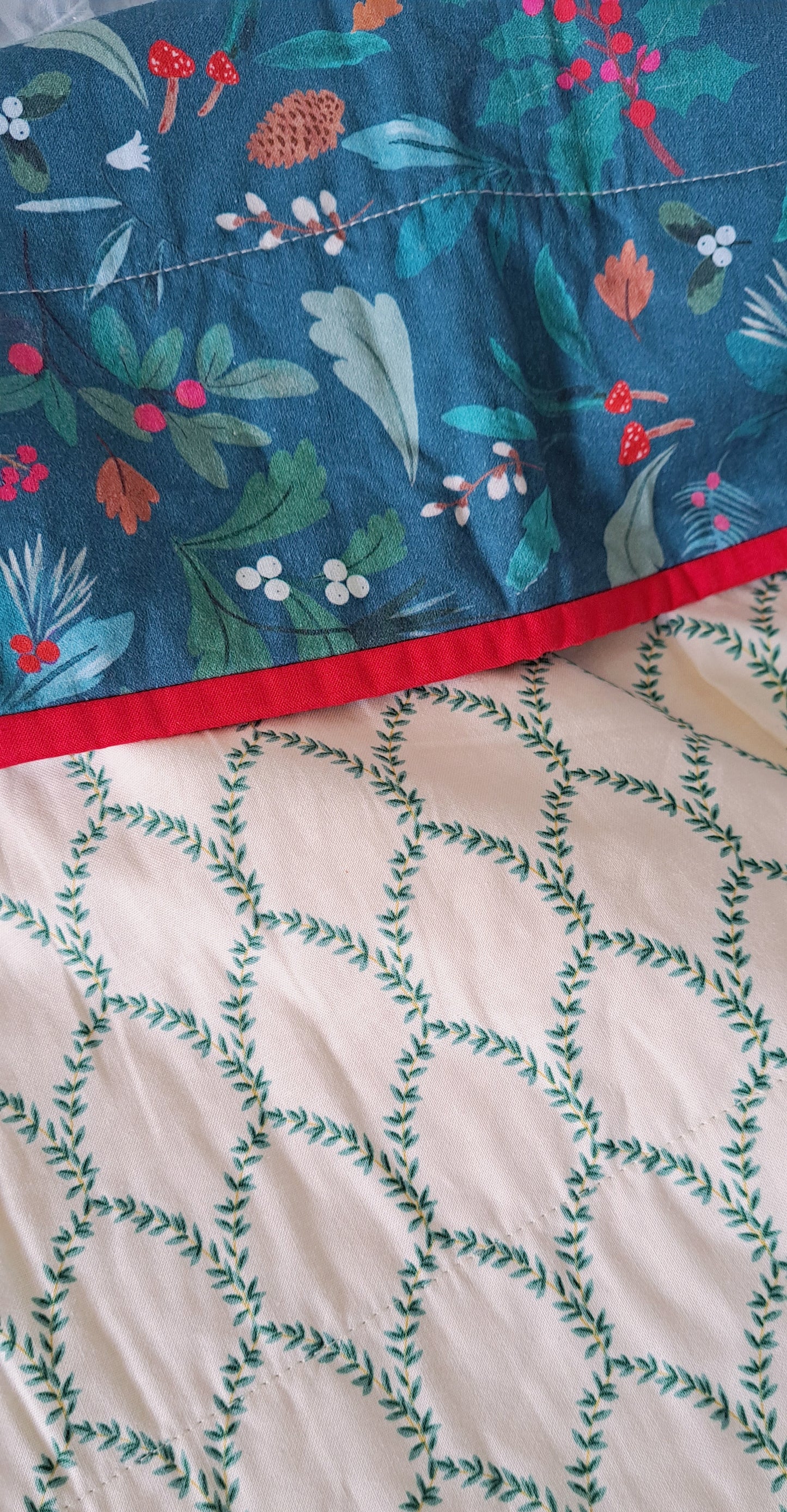 Winter Scene Joules fabric with Rifle Paper Backing and Red Binding Quilt