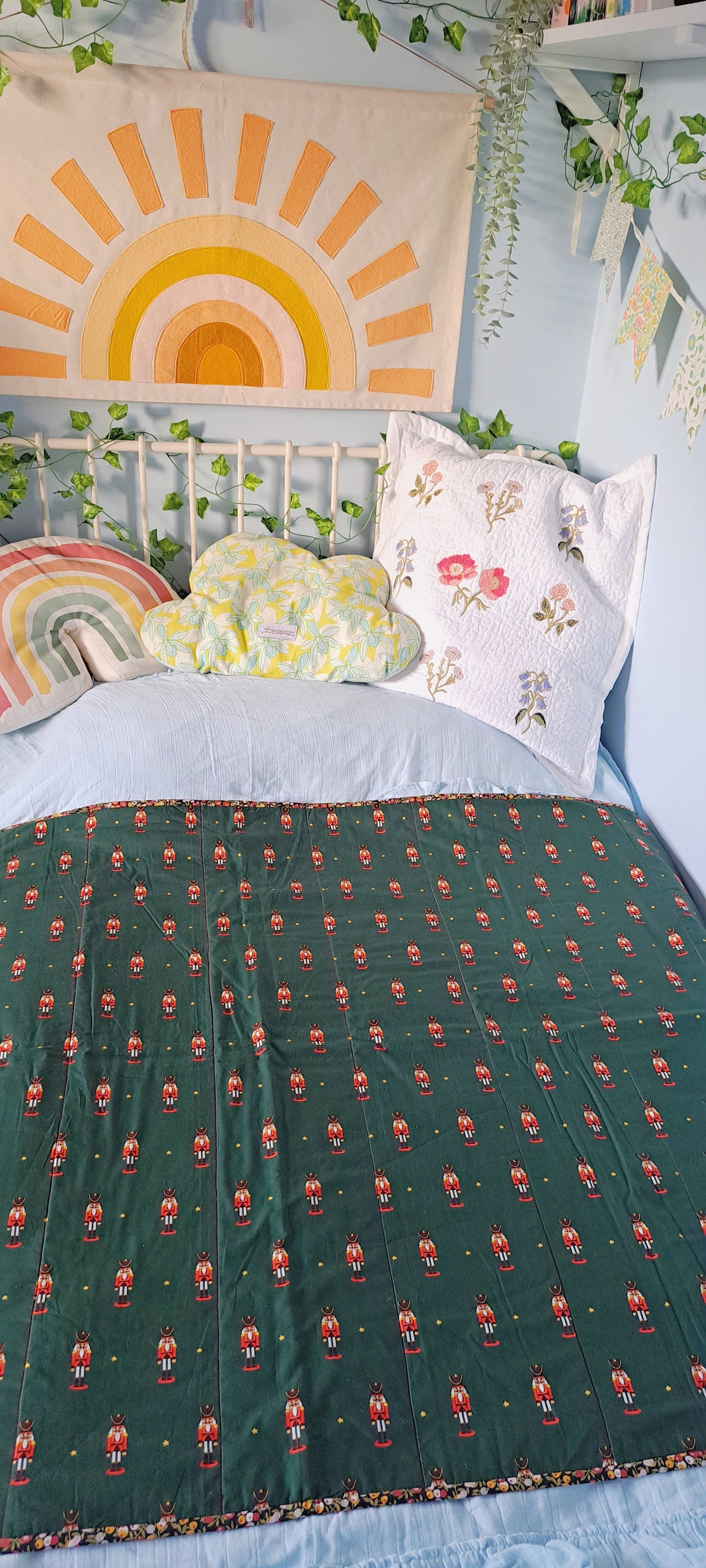 Green Christmas Belle and Boo Nutcraker Soldier with Linen Backing and Liberty Binding