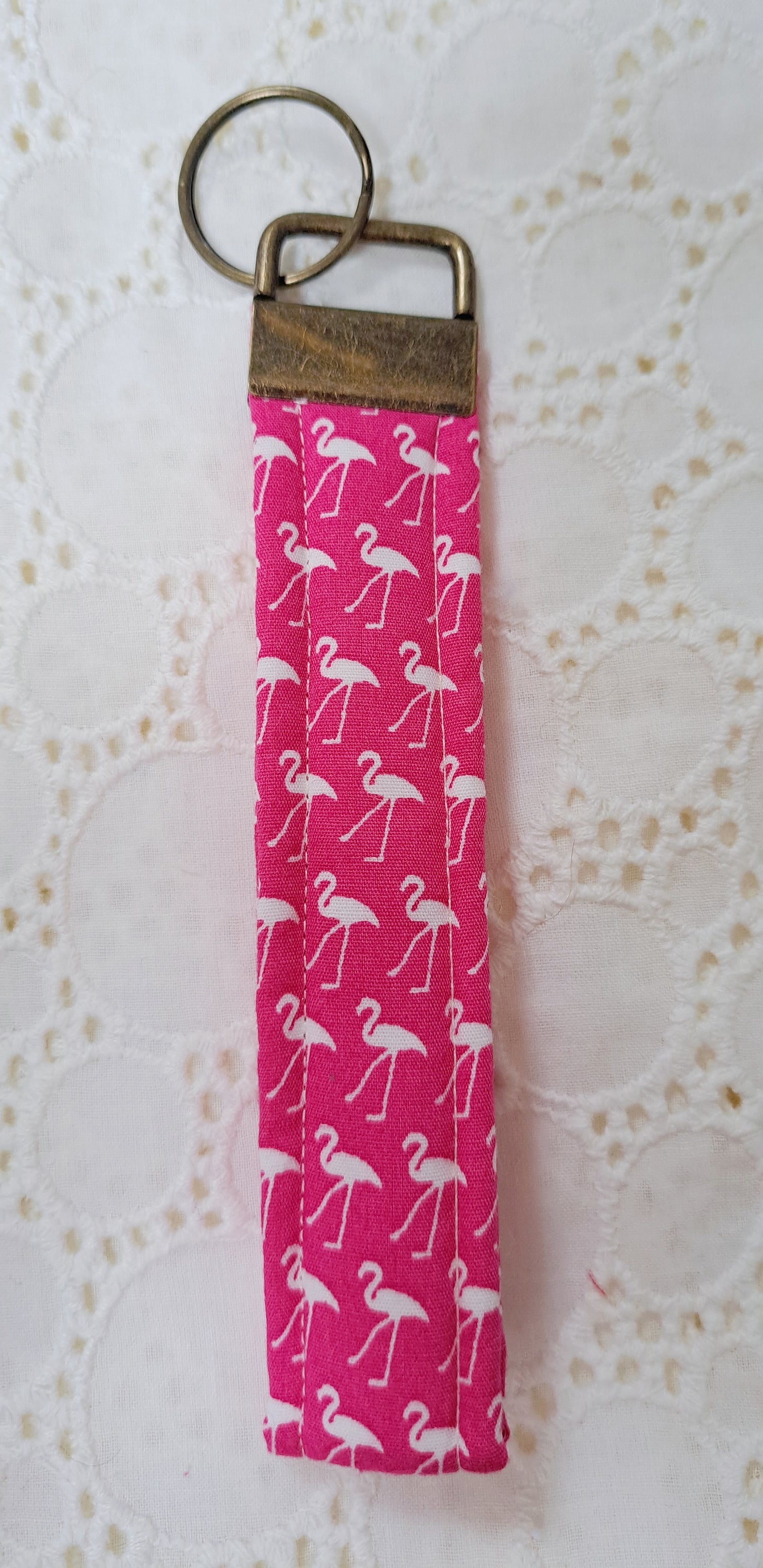 Pink Flamingo Brass Metal Fabric Key Fob