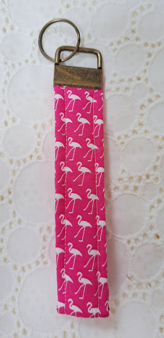 Pink Flamingo Brass Metal Fabric Key Fob