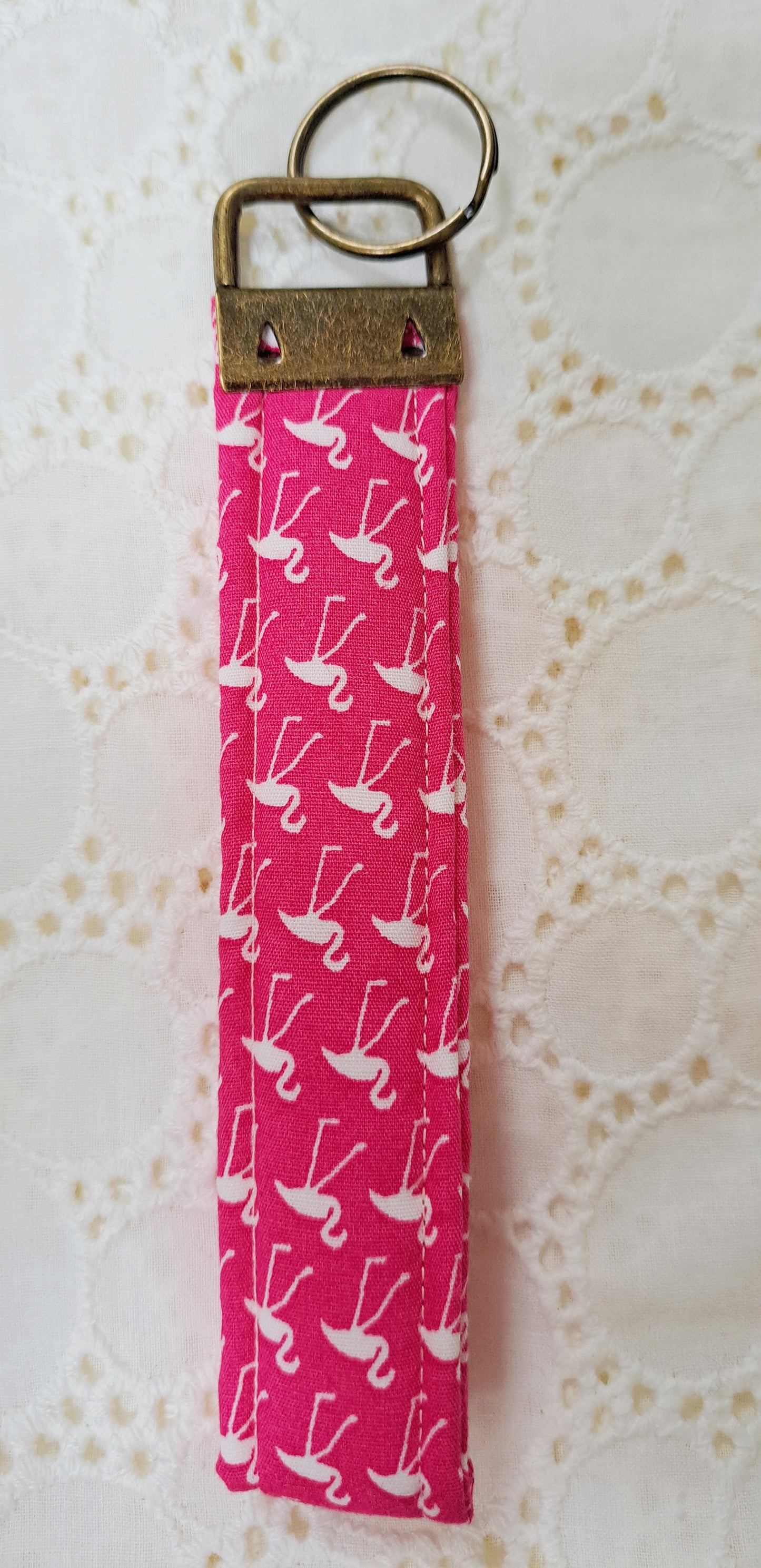 Pink Flamingo Brass Metal Fabric Key Fob