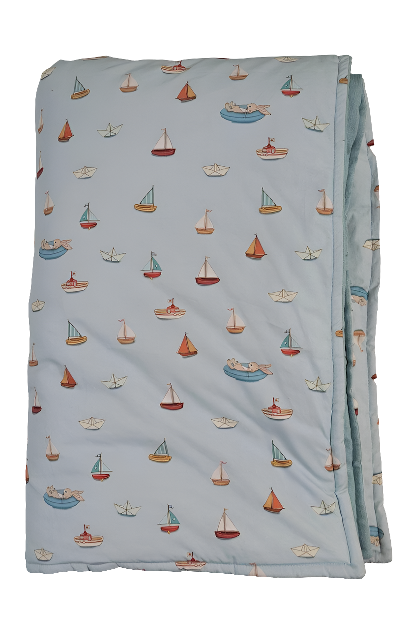 Squishy Belle and Boo Bunny in a boat and blue linen Fabric Quilt