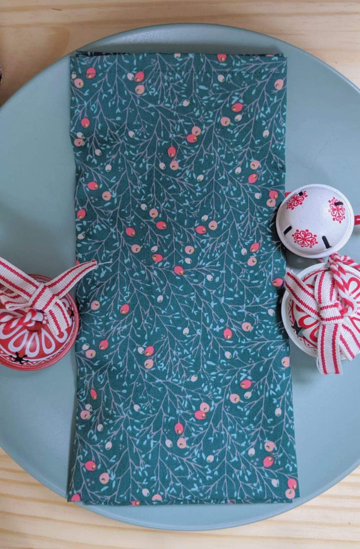 Set of Two Limited Edition Festive Napkins - Winter Berries Dark Green