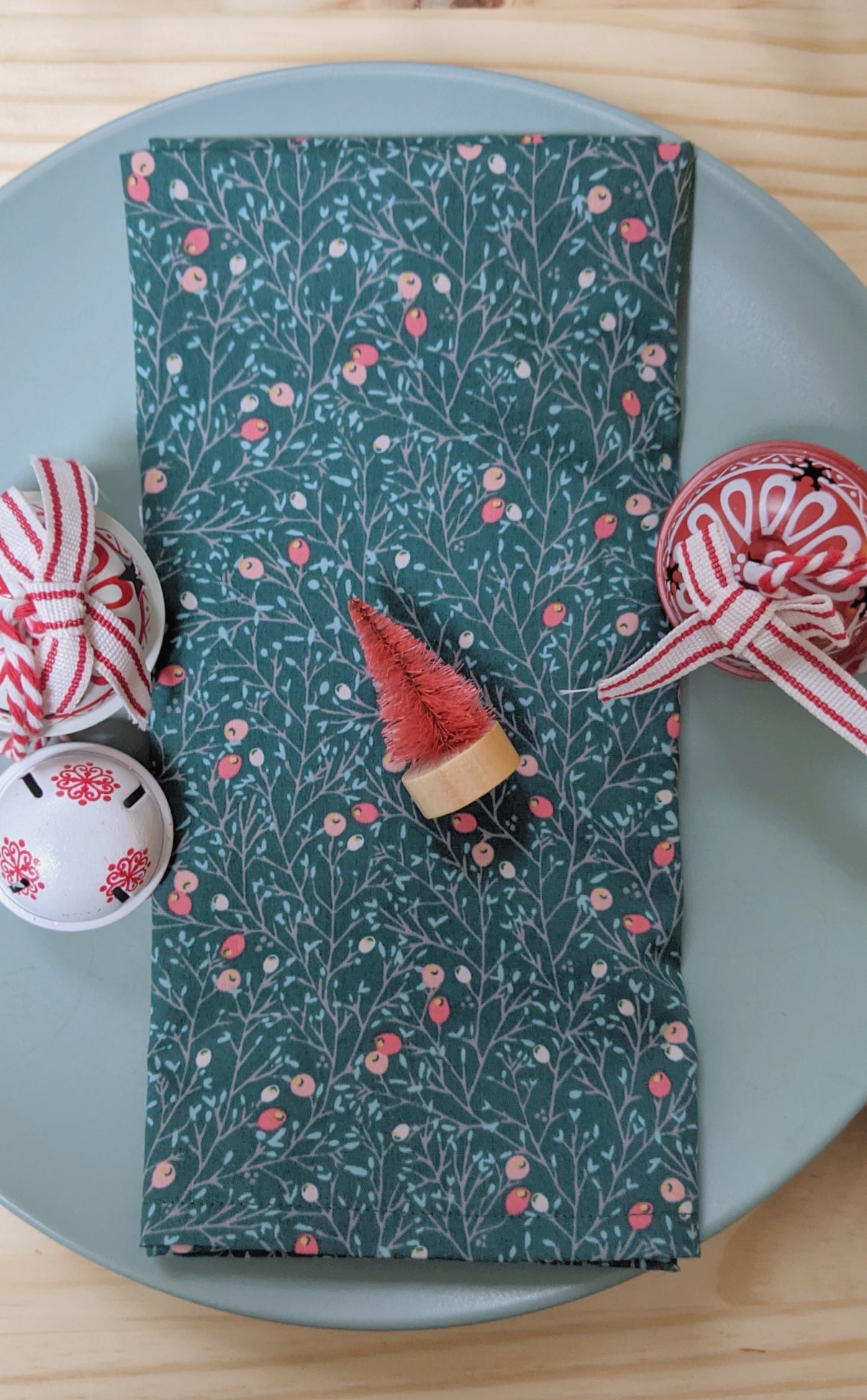 Set of Two Limited Edition Festive Napkins - Winter Berries Dark Green