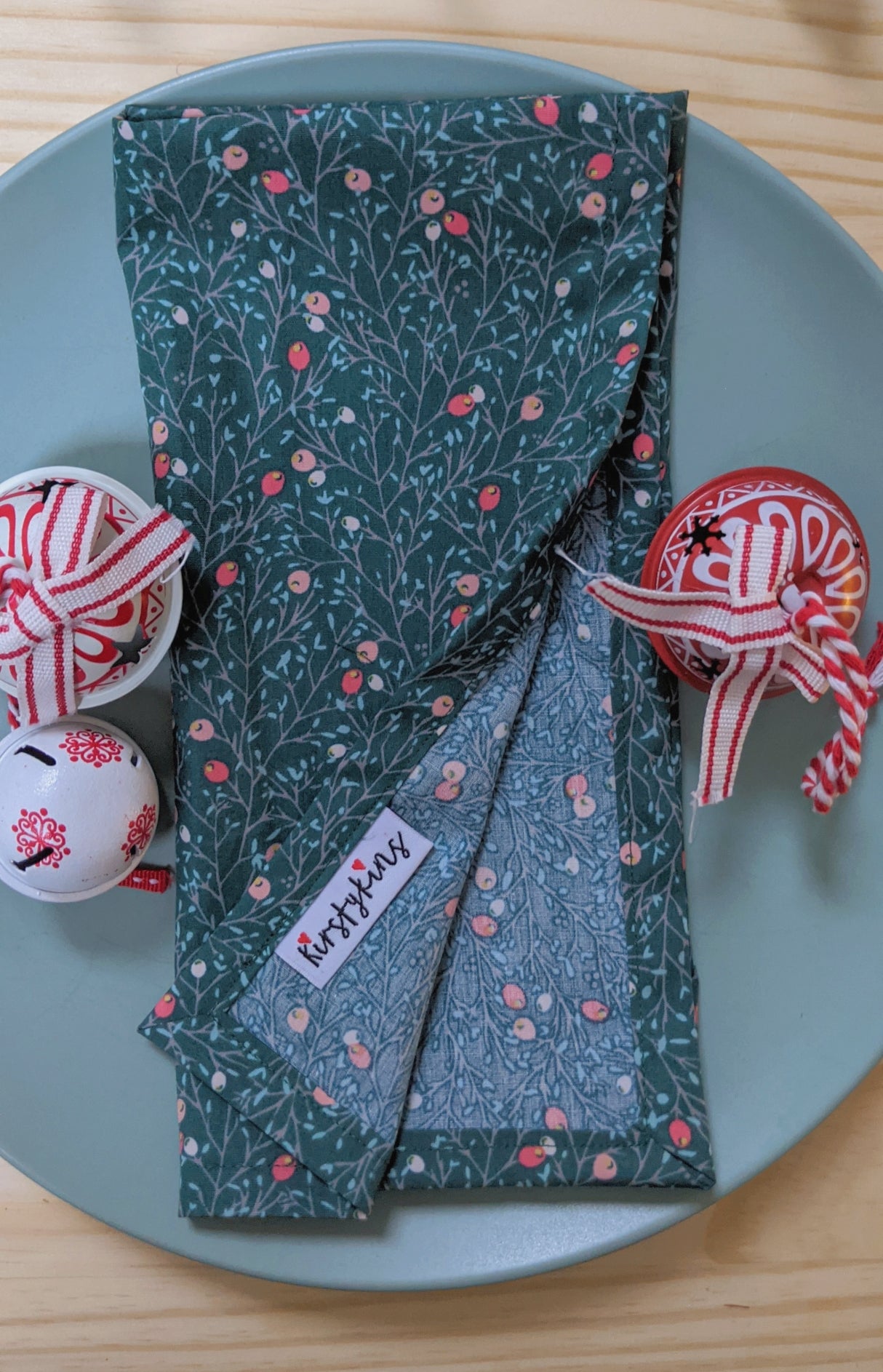 Set of Two Limited Edition Festive Napkins - Winter Berries Dark Green