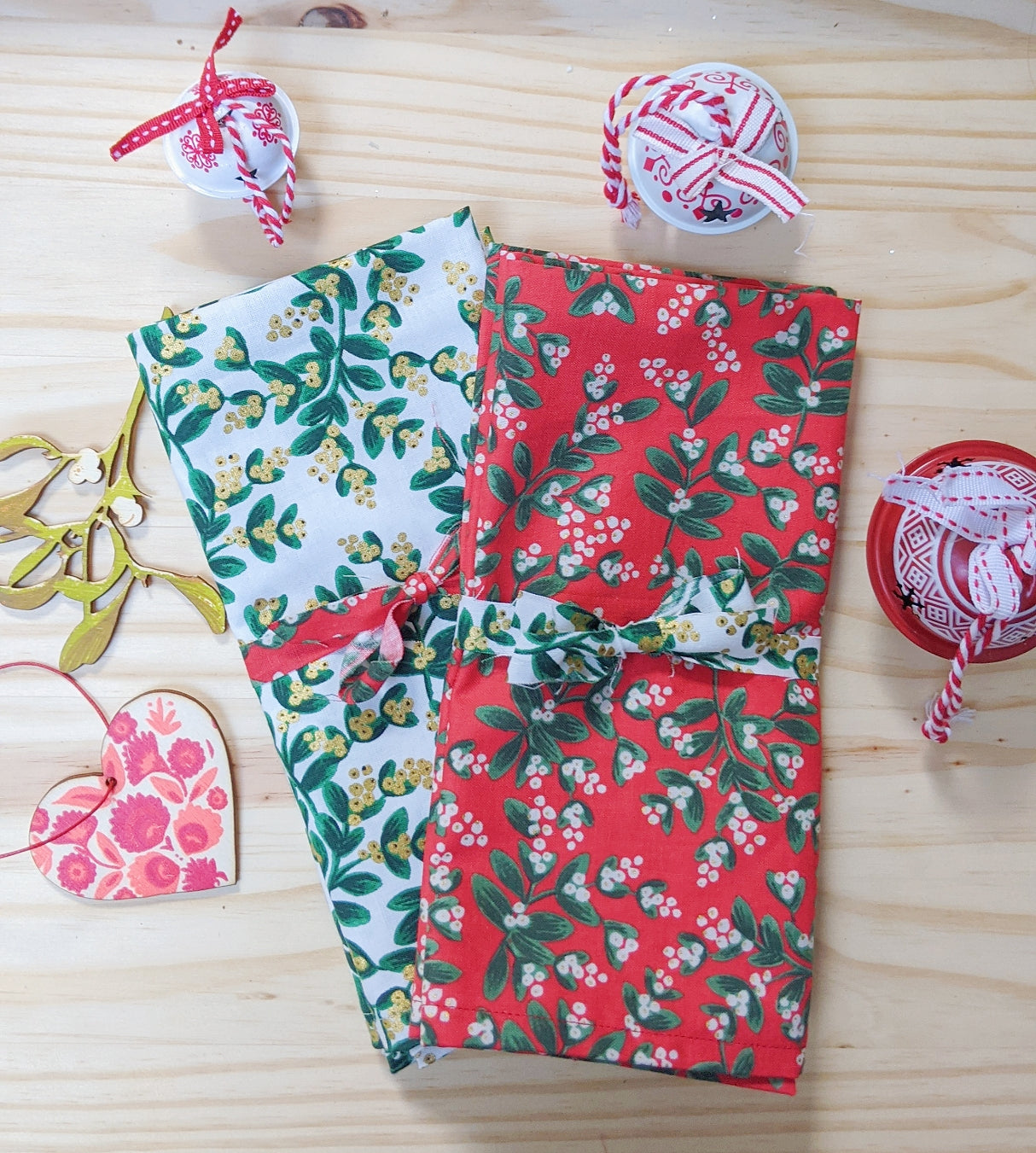Set of Two Limited Edition Festive Napkins - Rifle Paper Fabric Green Mistletoe