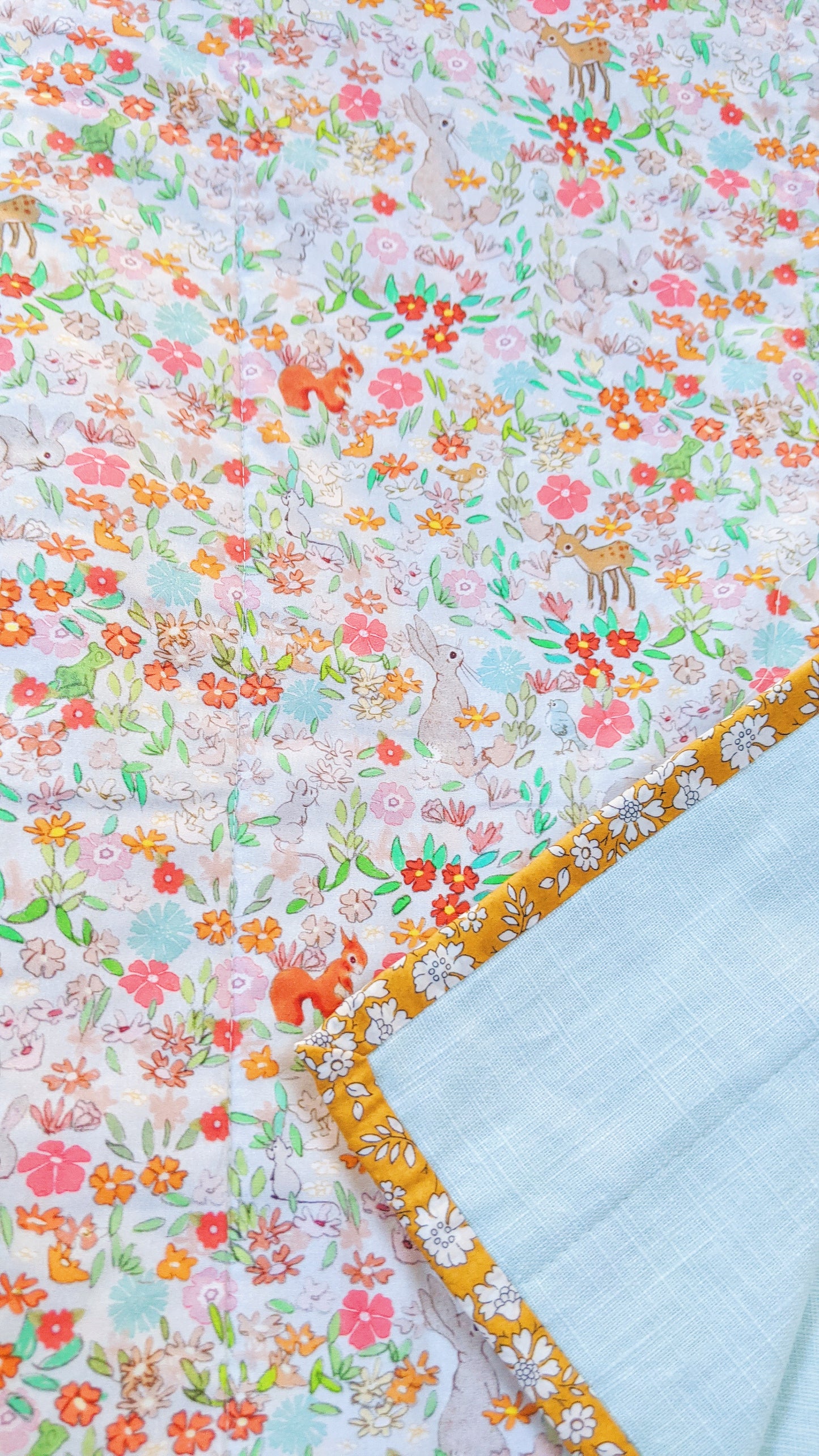 Woodland Quilt Featuring Belle and Boo and Green Linen Fabric Quilt