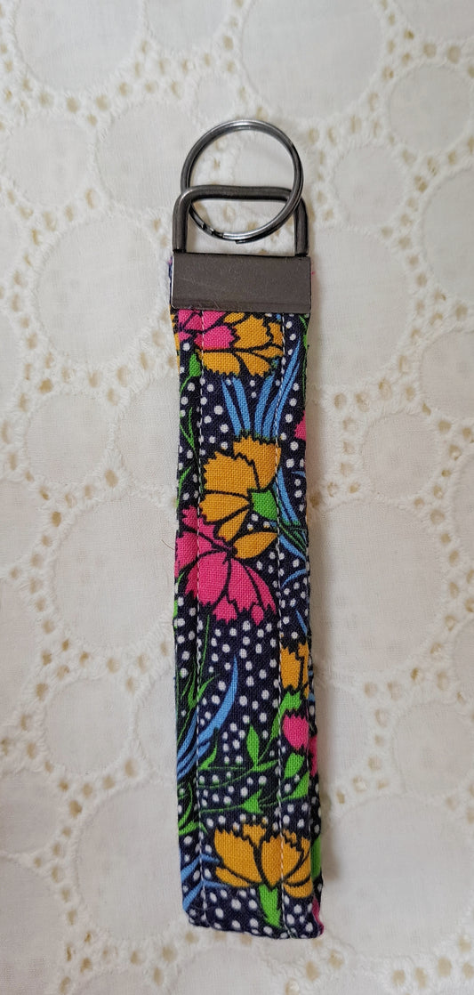 Black Spot And Multiflower Floral Pewter Metal Fabric Key Fob