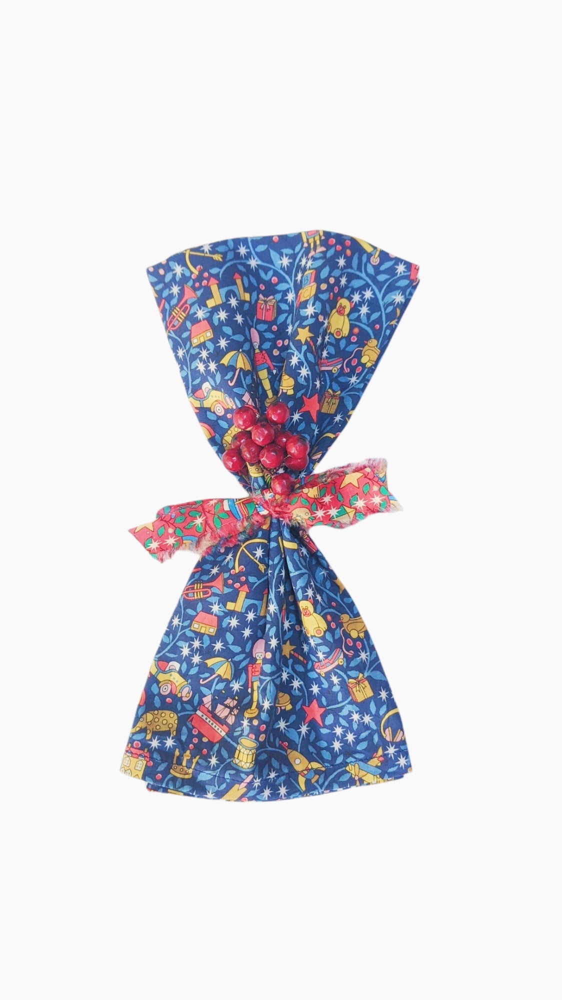 Two Limited Edition Festive Napkins - Featuring Liberty of London Fabric Blue Toys