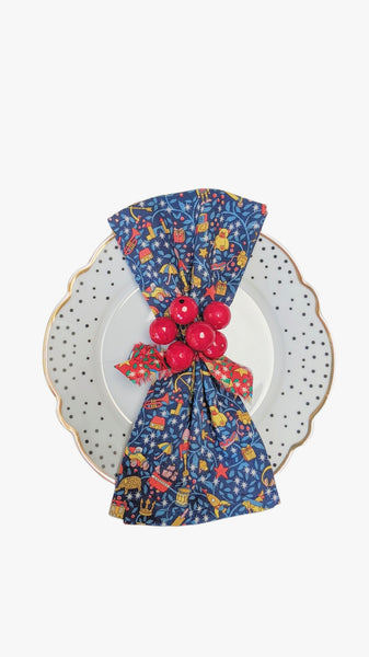 Two Limited Edition Festive Napkins - Featuring Liberty of London Fabric Blue Toys